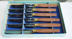 Juego de 6 cuchillos de mantequilla de latón teca Schreiber & Sons de colección caja nunca usada - Imagen 1 de 5
