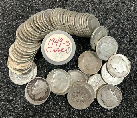 1949 S Silver Roosevelt Dime Roll of 50 coins average circulated Cover