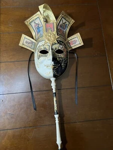 Vintage Venetian Paper Mache Jester Mask Black Gold Hand Painted - Picture 1 of 10