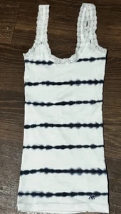 Vtg Y2K Aeropostale Tank Top Sz S White w/Blue Stripe Lace Trim Elena Bella - Picture 1 of 10