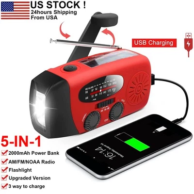 Emergency Radio Crank Solar Hand Weather 2000mAh Power Bank Charger Flash Light
