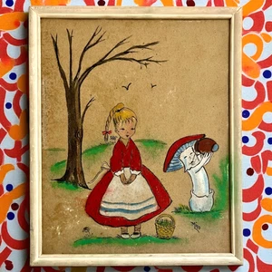 Mushroom Art Vintage Original Watercolor Painting Framed Signed Mido Girl Dress - Picture 1 of 17