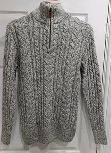 Superdry Jacob Henley Cable Knit Jumper Mens Medium 1/4 Zip.Wool Blend Grey.Vgc - Picture 1 of 16
