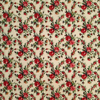 VTG Floral Red Roses On Cream Faye Burgos For Marcus Brothers Cotton Fabric 1 YD - Image 1 of 4