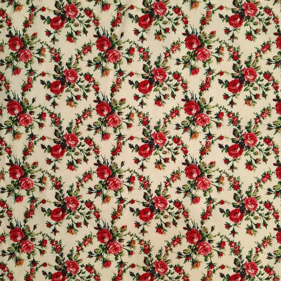 VTG Floral Red Roses On Cream Faye Burgos For Marcus Brothers Cotton Fabric 1 YD - Image 1 of 4