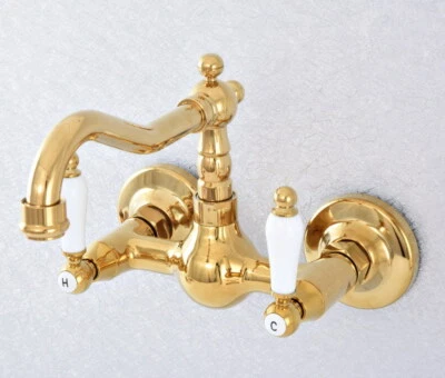 Gold Color Brass Kitchen Sink Faucet Ceramic Handles Mixer Tap Wall Mounted - Image 1 of 4