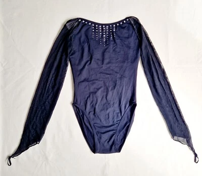 Custom Leotard Black Long Mesh Sleeve Embellished Rhinestone Dancewear 2A 10-12 - Image 1 of 4