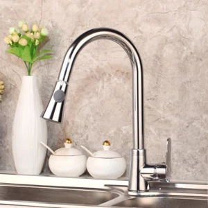 Deck Mount Chrome Kitchen Sink Faucet Pull Down Spray Swivel Spout Mixer Tap - Picture 1 of 8
