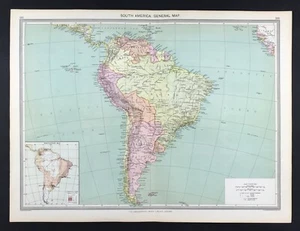 Map South America and population owith litho colour original 1906 - Picture 1 of 4