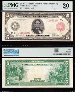 VERY NICE *RARE* Bold & Crisp VF 1914 $5 KANSAS CITY "RED SEAL" FRN Note! PMG 20 - Picture 1 of 3