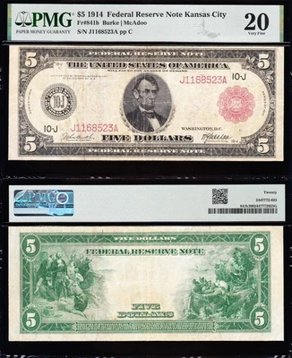 VERY NICE *RARE* Bold & Crisp VF 1914 $5 KANSAS CITY "RED SEAL" FRN Note! PMG 20 - Image 1 of 3