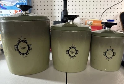 K26-West Bend USA Avocado Green 3 Piece Aluminum Canister Set Sugar, Coffee, Tea - Image 1 of 4