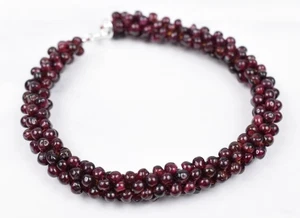 Sterling Silver 925 Genuine Garnet Semi-Round Beaded Woven Bracelet 8-1/2" 1.2g - Picture 1 of 9