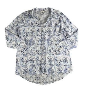 C C California Top Womens M Linen Button Up Roll Tab Floral Tropical Resort - Picture 1 of 11