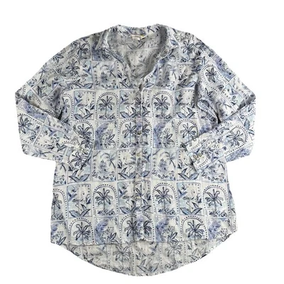 C C California Top Womens M Linen Button Up Roll Tab Floral Tropical Resort - Image 1 of 4