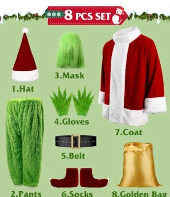Disfraz de Monstruo Verde Grande de Navidad - 8 piezas Traje de Papá Noel Adulto Traje de Papá Noel Foto 1 de 4