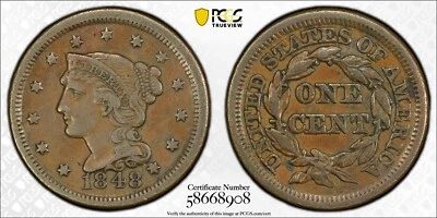 PCGS XF40 1848 Braided Hair Large Cent Extra Fine - Image 1 of 3