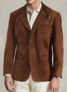 Men's Brown Tan Suede Leather Blazer Lambskin Two Button Style Coat Iconic Wear - Picture 1 of 4