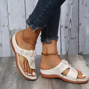Womens Wedge Low Heel Casual Flip-flops Beach Slippers Round Open Toe Shoes - Picture 1 of 15