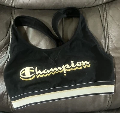 Champion Logo Sports Bra Medium Black Gold Bling White Band Cotton Unpadded - Image 1 of 4