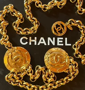 CHANEL BELT AUTH Coco chain CC Gold Paris Vintage 1980s Plated Medallion Coin GP - Picture 1 of 16