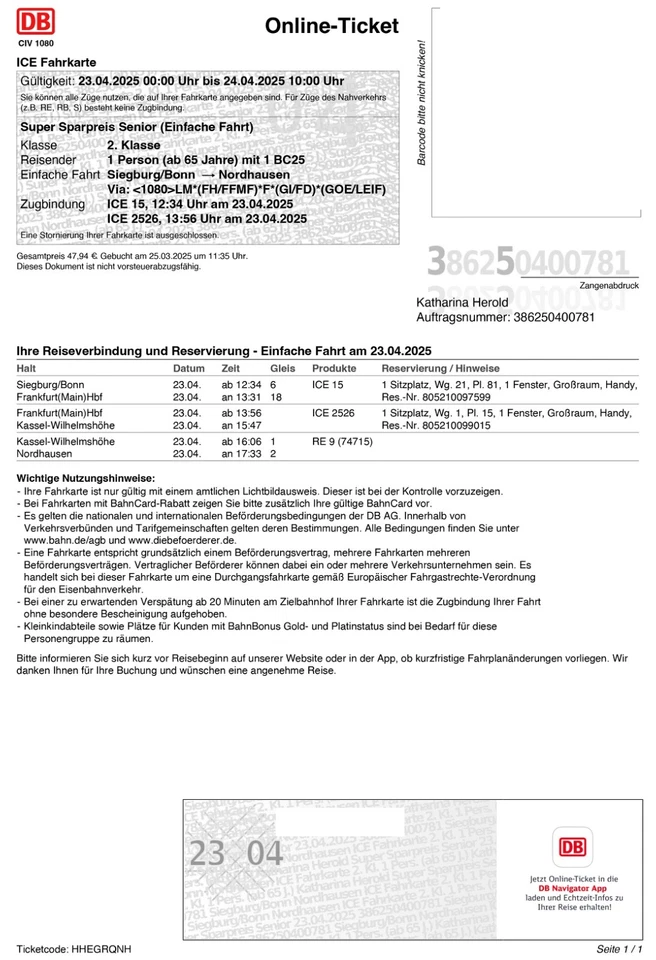 DB ticket IC von Siegburg über Frankfurt, Kassel nach Nordhausen 22. April - Bild 1 von 1