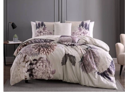 Juego de edredón de 5 piezas Dahlia púrpura 100 % algodón 200 hilos Queen Foto 1 de 4