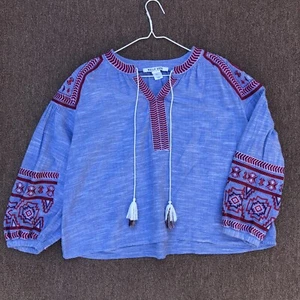 belle vere denin chambray blouse Small Anthro  boho red blue embroidery Aztec - Picture 1 of 7