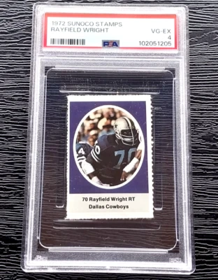 1972 SUNOCO STAMPS RAYFIELD WRIGHT FOOTBALL ROOKIE ***NO CREASES*** PSA 4 VGEX - Image 1 of 4