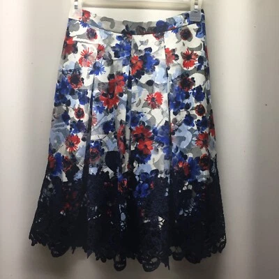 Falda Antonio Melani Roja Blanca Azul Floral Plisada Crochet Dobladillo Talla 4 Foto 1 de 4