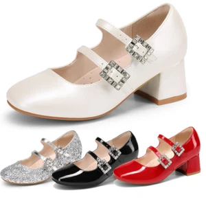 Girls Wedding Party Princess Pump Shoes Square Toe Mary Jane Dress Shoes - Picture 1 of 38