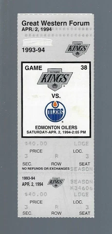 WAYNE GRETZKY GOAL #803 -VINTAGE 1994 OILERS @ LOS ANGELES KINGS FULL TICKET Cover