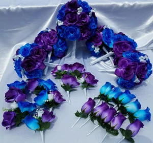 25 pc, Wedding Bouquet Package, Blue & Purple Roses, White Flower, White Ribbon - Picture 1 of 12