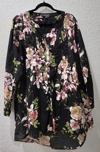 Roaman's Women's Size 3X Black Floral Top Tunic Blouse 100% Cotton Button-Up - Picture 1 of 7
