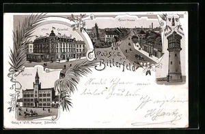 Lithographie Bitterfeld, Hotel Kaiserhof, Rathaus, Wasser-Turm 1898  - Bild 1 von 2