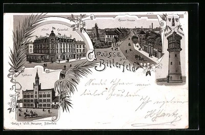 Lithographie Bitterfeld, Hotel Kaiserhof, Rathaus, Wasser-Turm 1898  - Bild 1 von 2