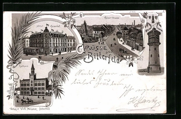 Lithographie Bitterfeld, Hotel Kaiserhof, Rathaus, Wasser-Turm 1898  - Bild 1 von 2