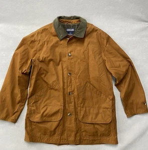 VTG Lands End Jacket Men L Tall Tan Chore Coat Barn Canvas Plaid Corduroy Trim - Picture 1 of 16