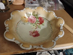 Austrian Decorative Porcelain Serving Bowl 10" Yellow & Pink Roses  - Picture 1 of 7