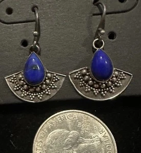 Bali Primitive Sterling Silver 925 Artisan Silver Lapis Lazuli Cabochon Earrings - Picture 1 of 7