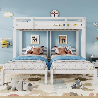Triple Bunk Bed, Children's Bed Solid Pine Wood Frame, White (3 * 90x190cm) - Image 1 of 4