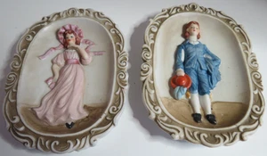 Pair of 2 3D Bisque Hand Painted Wall Plaques Blue Boy and Pinkie Noreans Taiwan - Picture 1 of 10