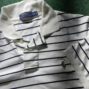 POLO Ralph Lauren Polo Shirt Adult Mens MED White Striped Short Sleeve Pima Soft - Picture 1 of 9