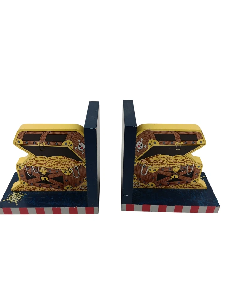Juego de sujetalibros de diseño tricostero para niños cofre del tesoro pirata decoración náutica de madera Foto 1 de 4