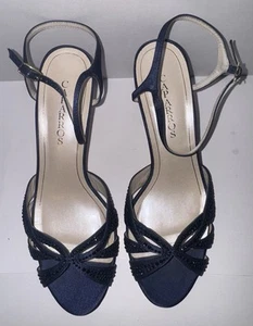 CAPARROS NAVY BLUE WOMEN'S 10.5 PUMP HEEL OPEN TOE ANKLE STRAP BLUE CRYSTALS - Picture 1 of 5