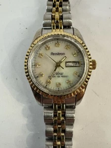 Vtg Armitron Watch Women 25mm Silver Gold Tone Day Date MOP Bling New Battery - Picture 1 of 6