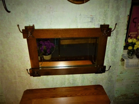 Antique Oak Frame Mirror Wall mount with hooks Mission style 1900' beveled Glass Cover