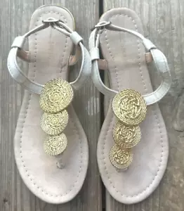 Call It Spring T-Strap Sandals With Gold Accent, Size 6, Ivory - Picture 1 of 9
