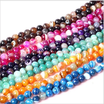 Natural 4/6/8/10/12mm Multicolor Striped Agate Onyx Round Gems Loose Beads 15" - Image 1 of 4