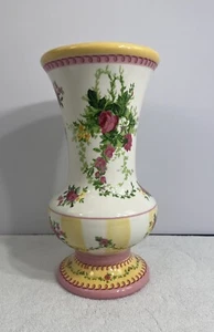Vintage Laura Ashley FTD Vase "Isabella" rosa weiße Rosen gelber Rand 9,5" hoch - Bild 1 von 5